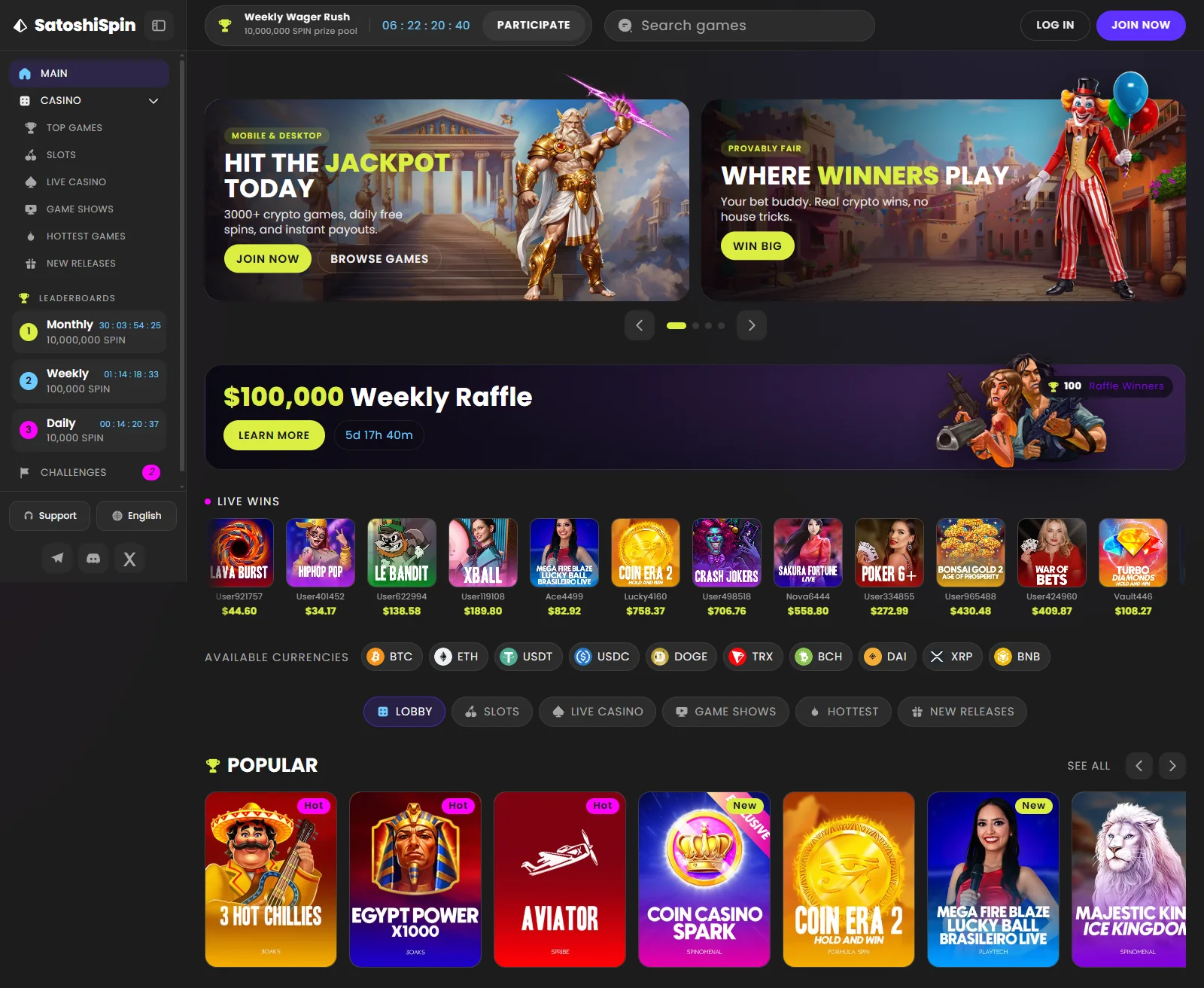 Casino homepage built by Staack Games